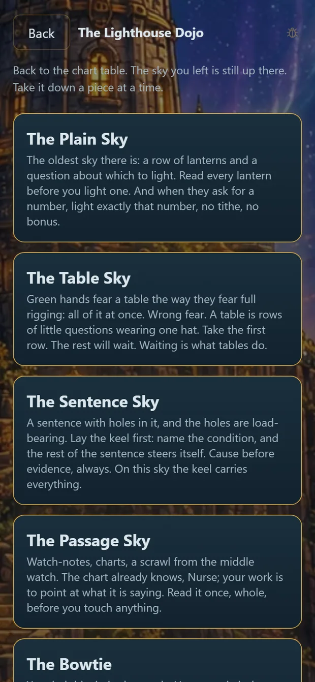 The Lighthouse Dojo menu, six skies named for the shape of question they drill