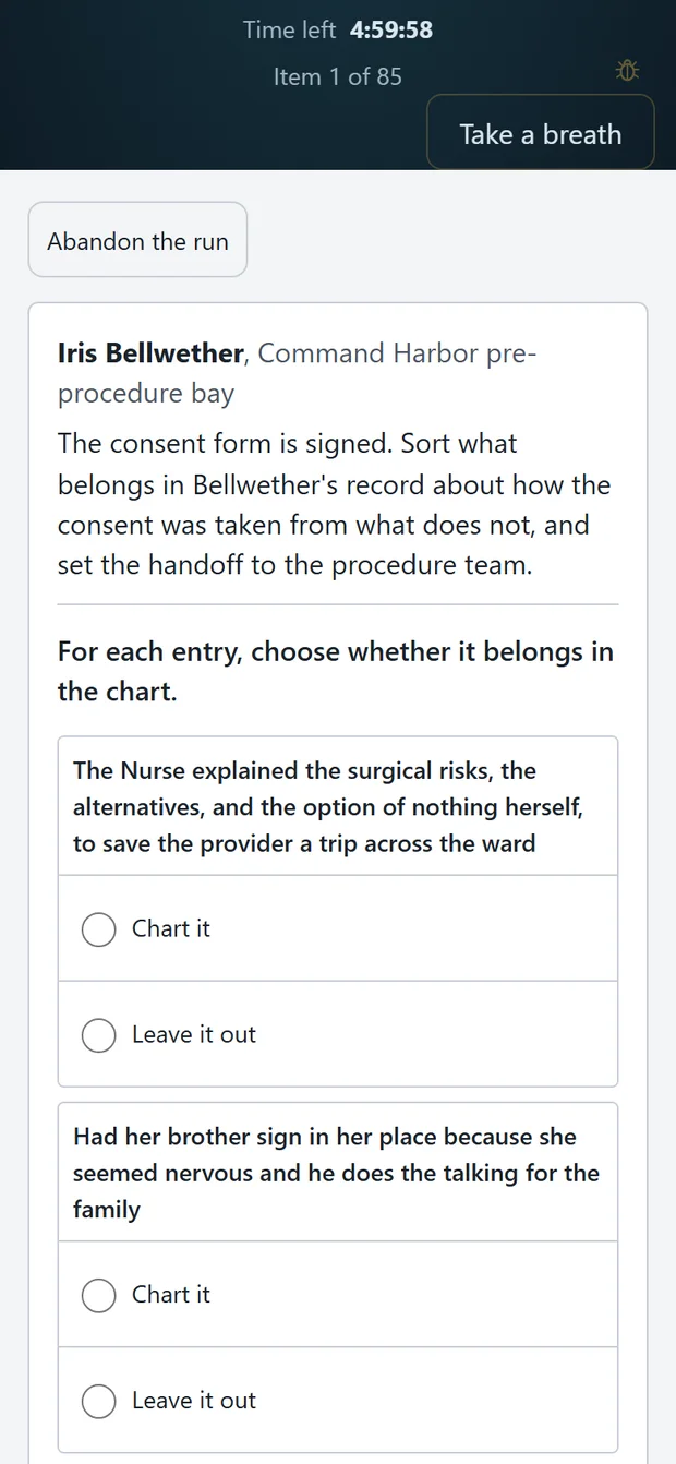 An exam item in the plain exam format, with a five-hour clock counting down, Item 1 of 85, and a Take a breath button