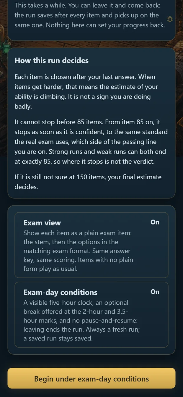 The Meridian Run's setup, with Exam view and Exam-day conditions both on: a five-hour clock and optional breaks at the 2-hour and 3.5-hour marks
