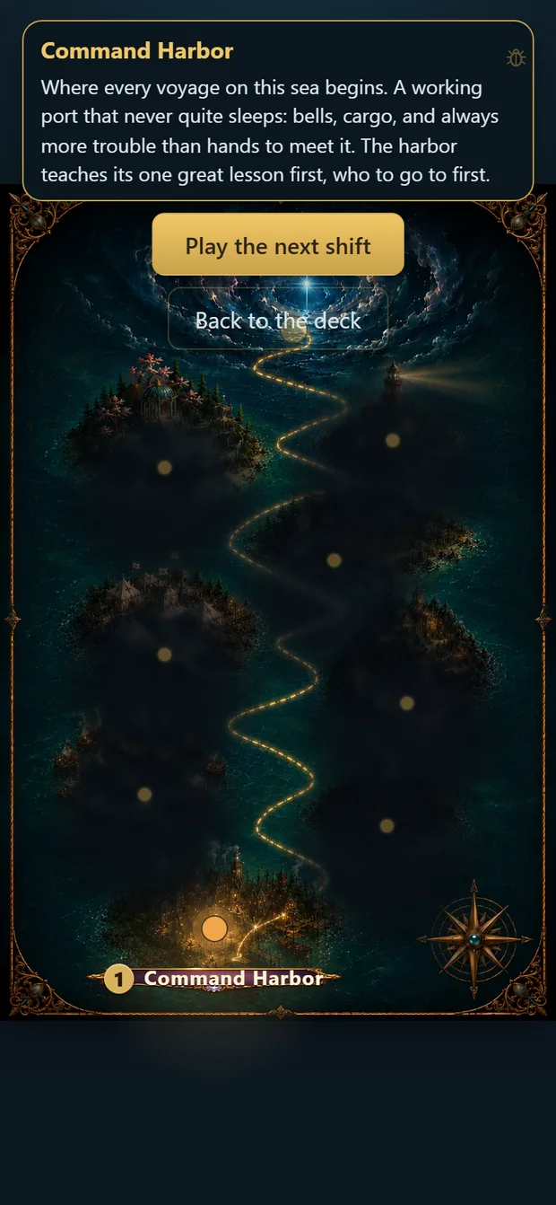 A chart of lit islands connected by a golden route, with Command Harbor at the start