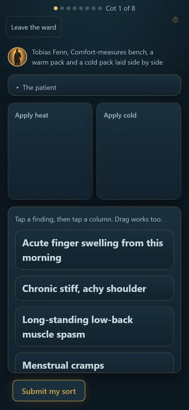 A ward below decks, working a patient's case one cot at a time