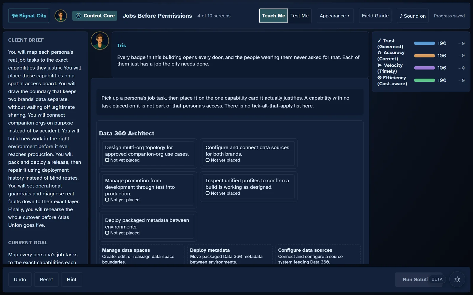 A mission screen showing a client brief, Iris the coach, and trust, accuracy, velocity and efficiency meters