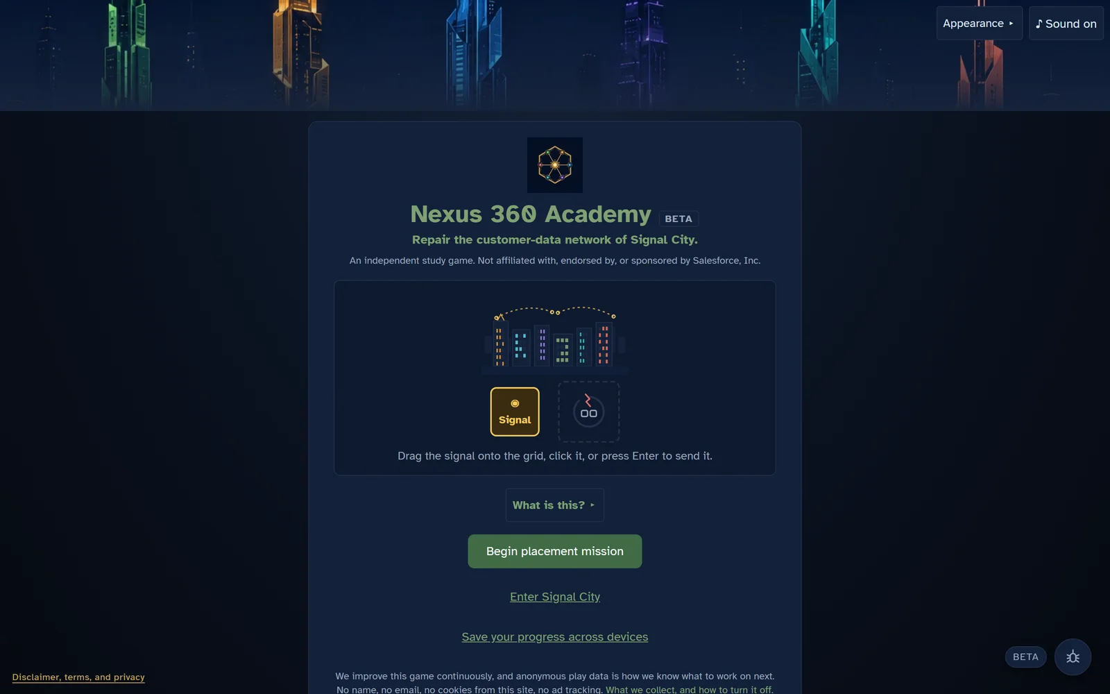 The Nexus 360 Academy title screen over the Signal City skyline