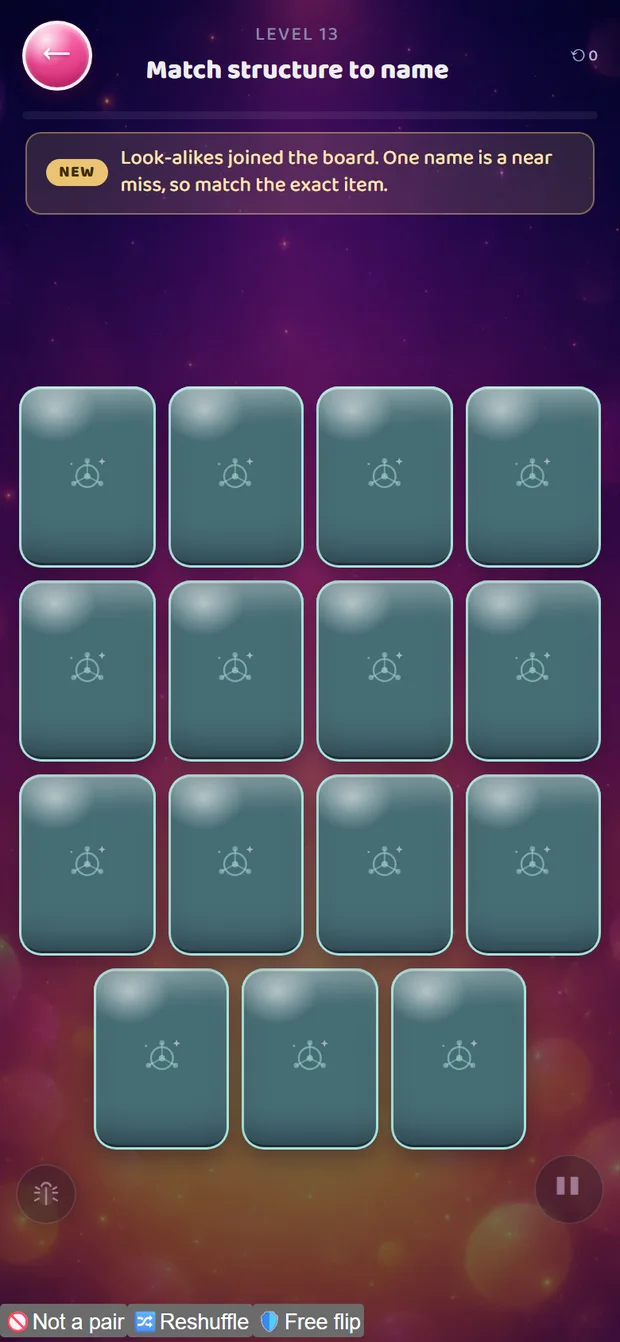 A grid of face-down cards in a memory-match round, with a callout about a look-alike near miss