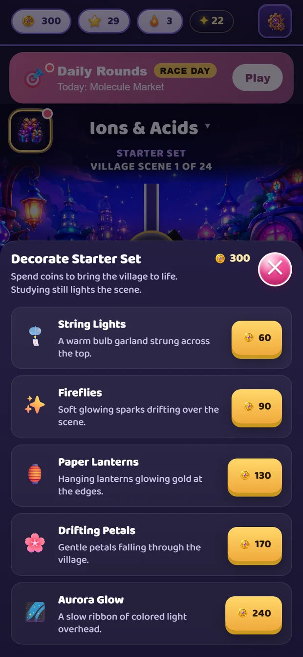 A decorate menu offering string lights, fireflies, paper lanterns, drifting petals and an aurora glow