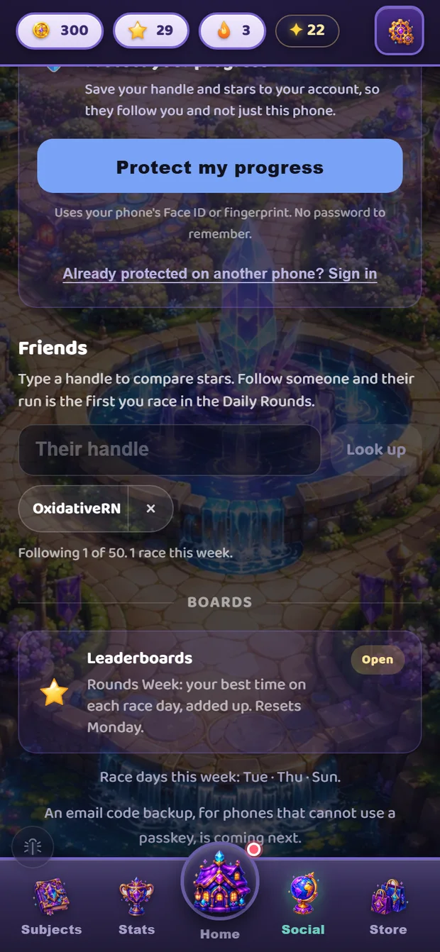 The Social tab's Friends panel, showing a followed handle and how many friends you're following