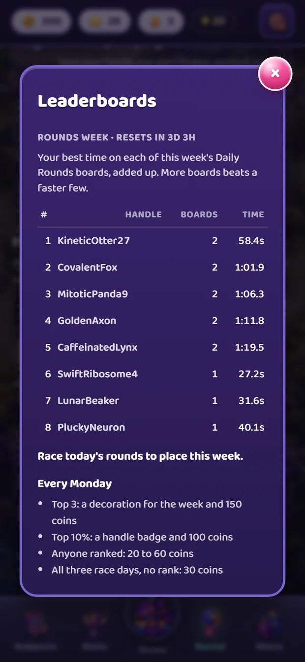 The Leaderboards screen: a Rounds Week table of example racers with rank, handle, boards raced and total time
