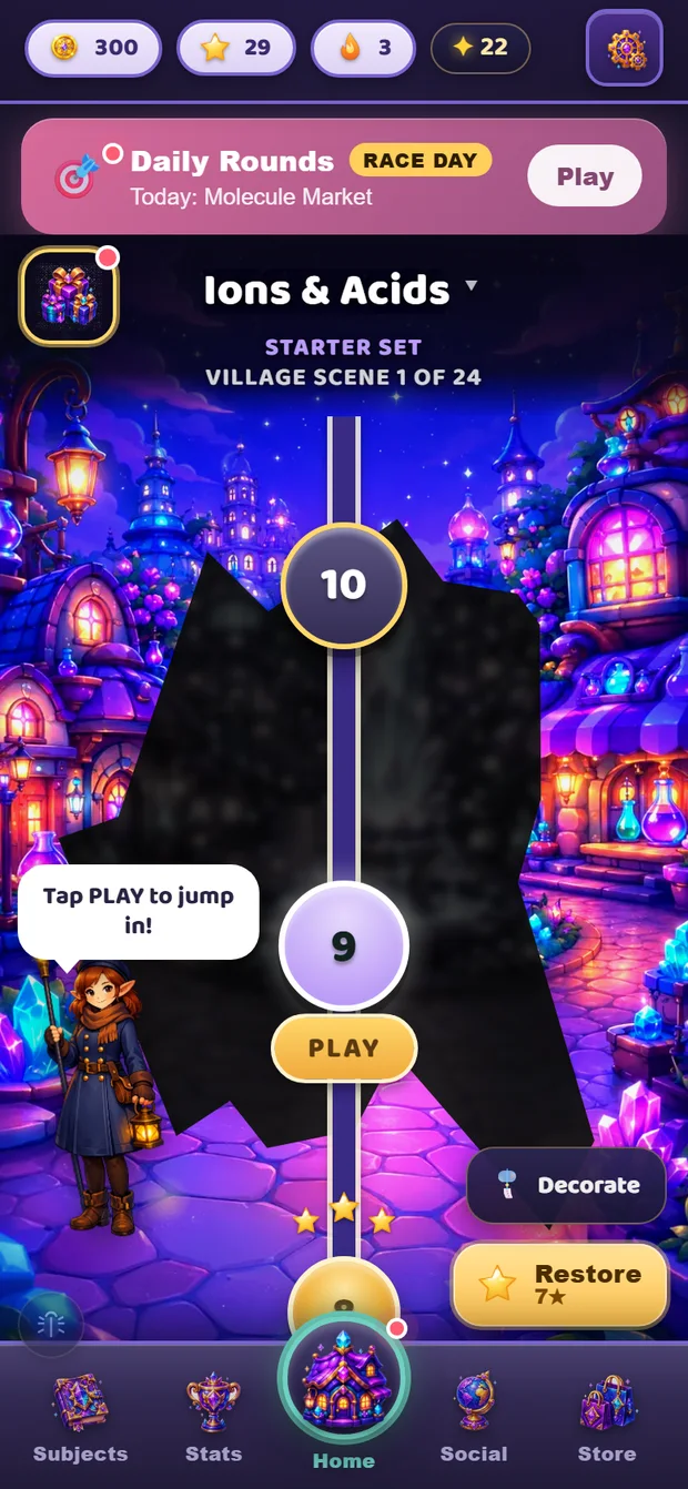A dark village scene with a path of numbered levels running up it and a guide holding a lantern