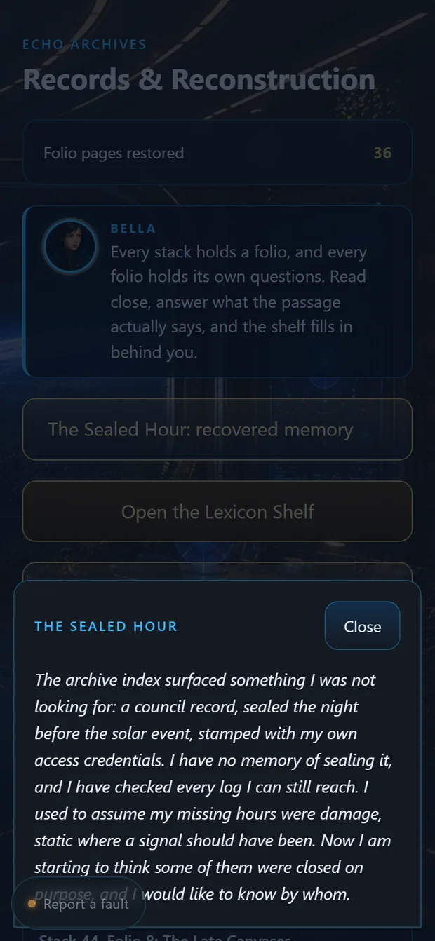 A recovered memory fragment, The Sealed Hour, open over the Echo Archives