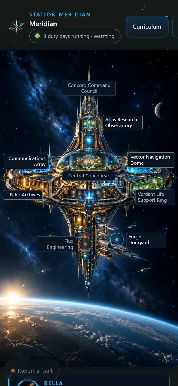 The station map: a cutaway of the ship with some sectors lit and some still cold