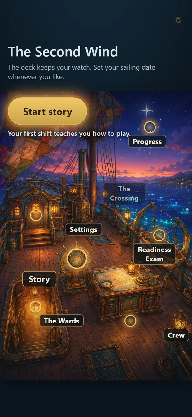 The Second Wind's deck at sunset, with a Start story button and the wards, the story, the crew and the readiness exam marked as places to go